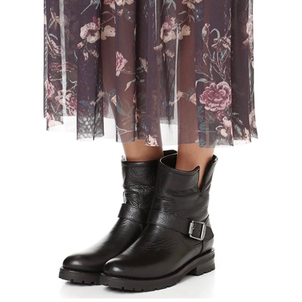 Frye Natalie Biker Engineer Boot Black Waterproof Leather, Shearling Lining 7.5